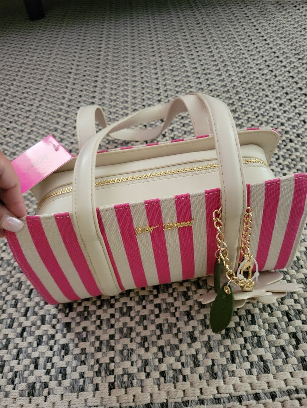 Betsey Johnson Pink and White Striped Shoulder Bag with Floral Charm - Picture 5 of 10